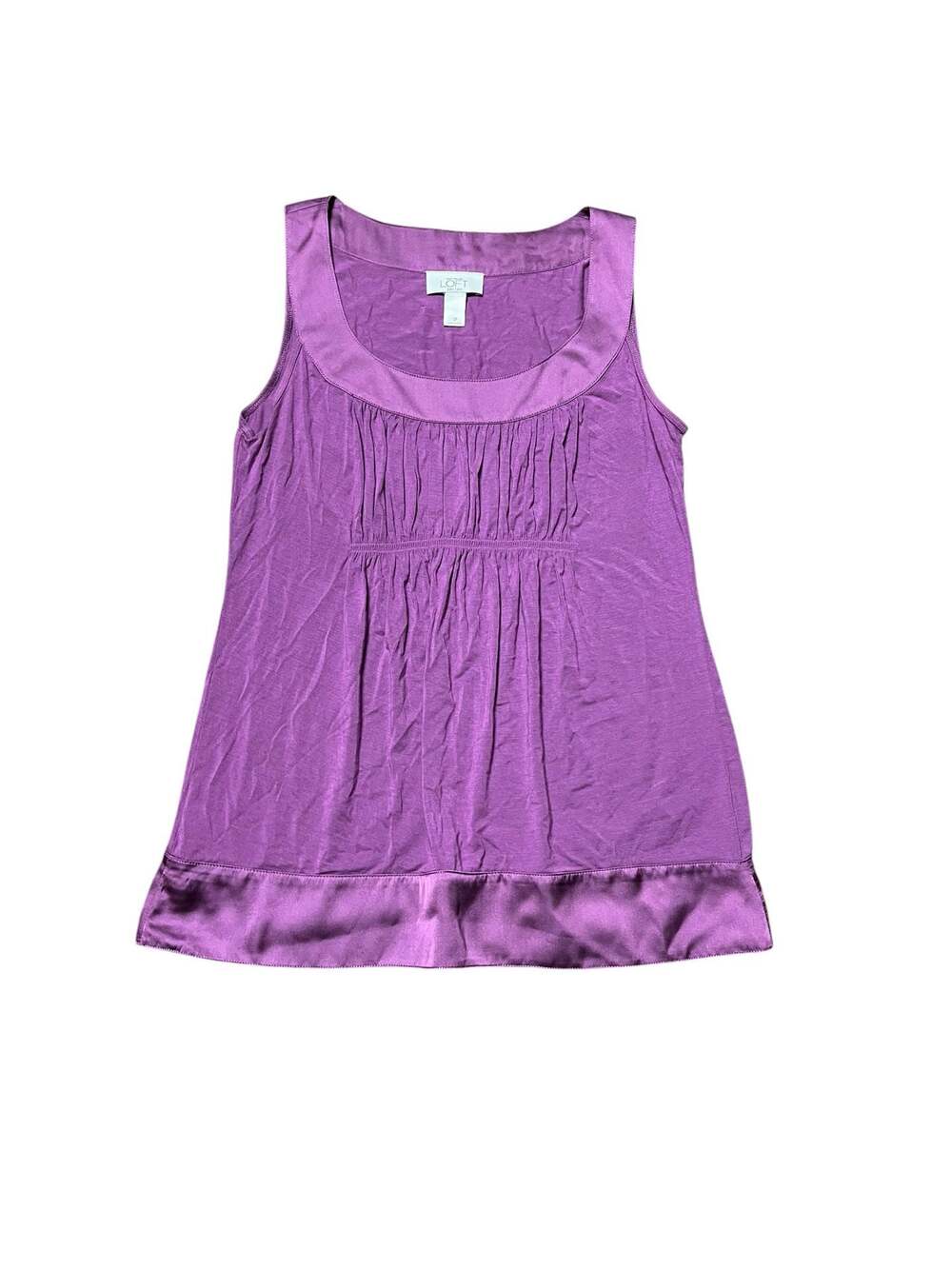 Ann Taylor Loft Petites Purple Sleeveless Tank Top with Satin Trim and Pleated F